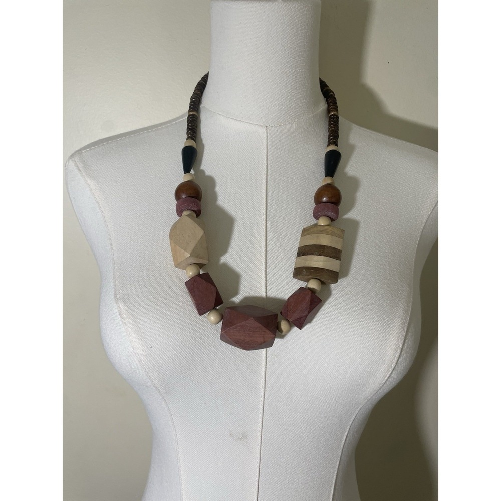 Boho Geometric Wood Bead Statement Necklace Tribal Artisan Natural Wooden